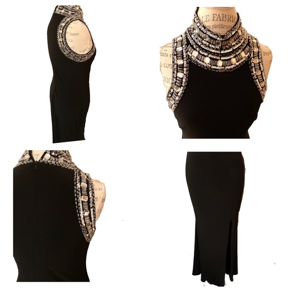 Aqua Black Mock Neck Beaded Sleeveless Gown Size 6 - Picture 2 of 16